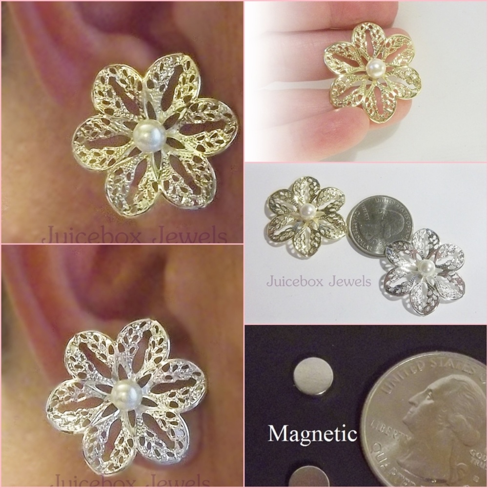MAGNETIC 1.25" Fau Pearl Filigree Flower Earrings